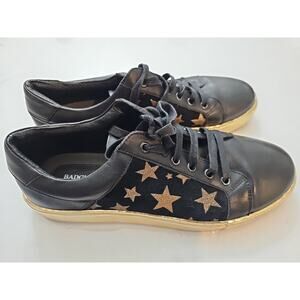 Badgley Mischka Black Leather Sneakers Golden Star Detailing Women's Sz 10.5